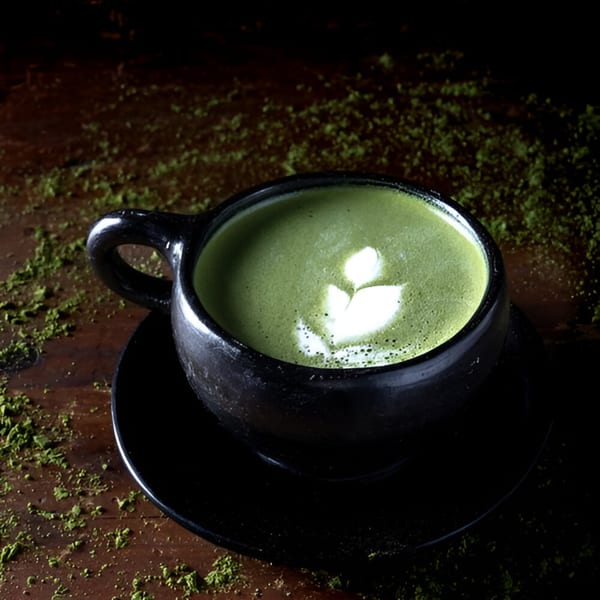 A dark ceramic cup of green matcha latte with latte art, on a wooden table with matcha powder.