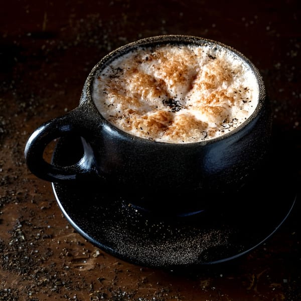 A dark, textured mug of Bolivar Coffee's frothy latte, dusted with cinnamon and spices.