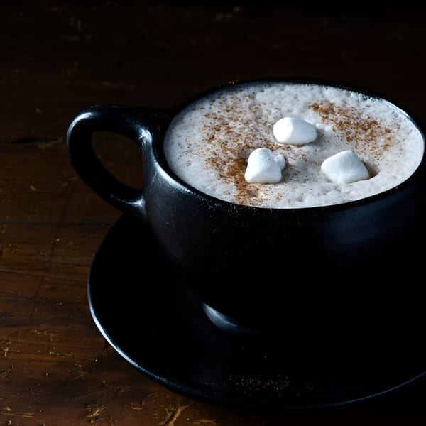 A Bolivar Coffee hot chocolate, topped with marshmallows and cinnamon, in a black mug.