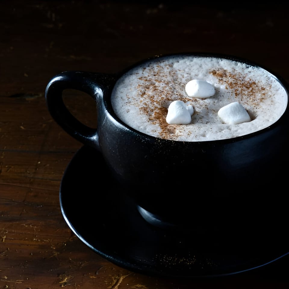 A Bolivar Coffee hot chocolate, topped with marshmallows and cinnamon, in a black mug.